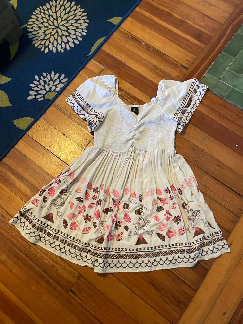 Moana White Dress with Pink & Brown Floral Border - Picture 1 of 3